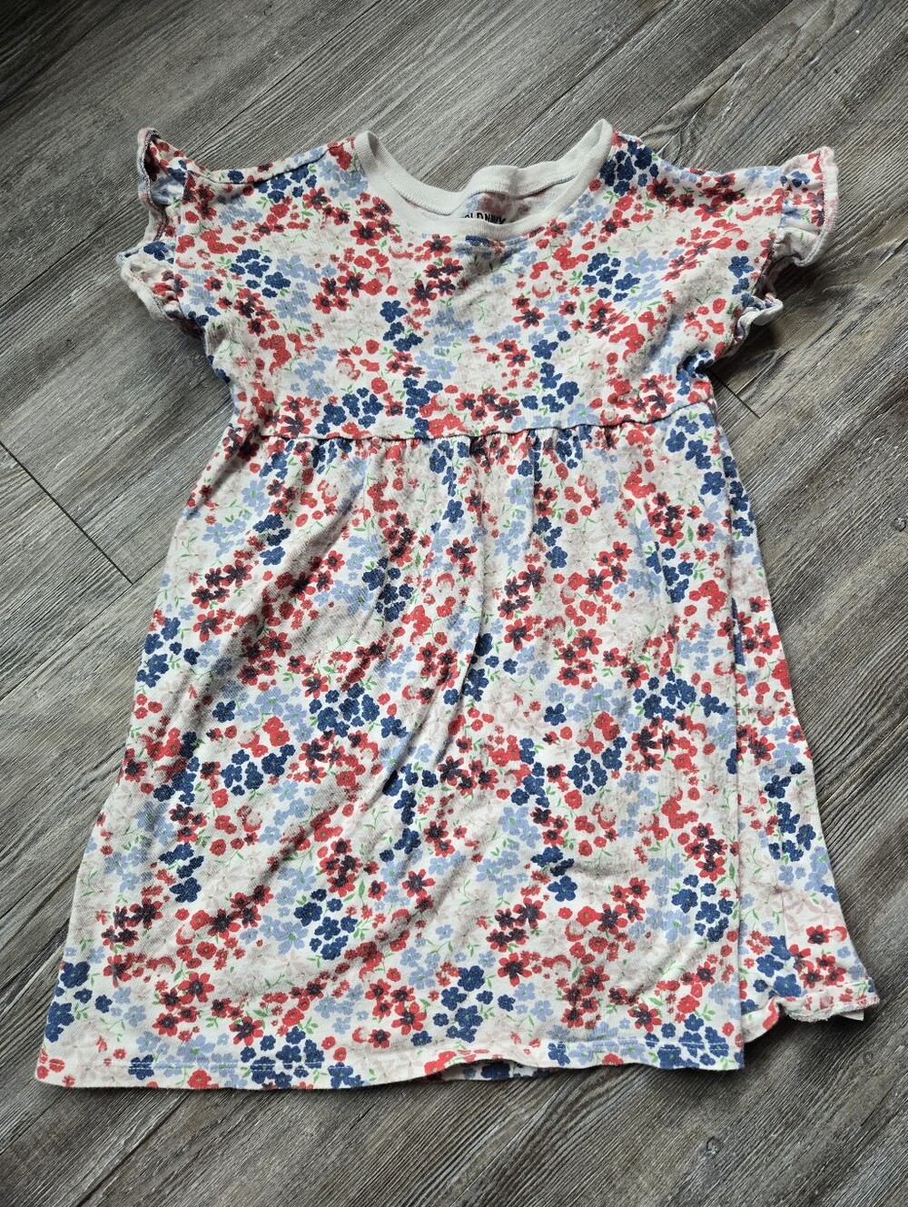 Girls Floral Cotton Dress - White with Red & Blue Flowers